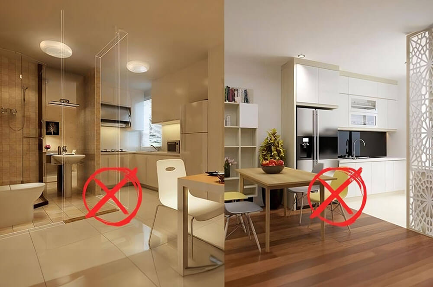 Tránh bố trí không gian phòng bếp quá gần nhà vệ sinh