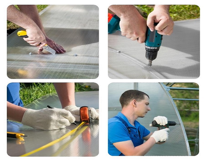 Lợp mái che từ dưới lên trên và cố định vào xà gồ bằng vít