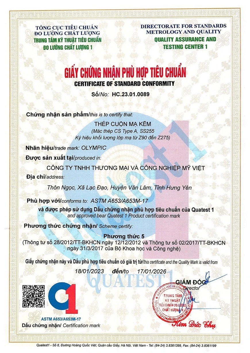 Tôn Olympic đã đạt thêm chứng nhận tiêu chuẩn ASTM A653/ASTM-17