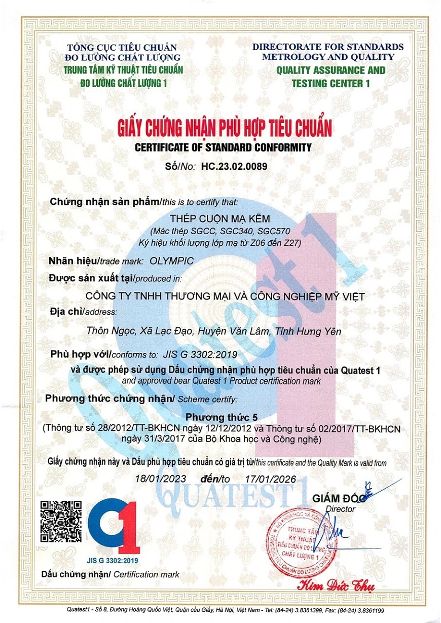 Giấy chứng nhận đạt tiêu chuẩn JIS của tôn lạnh Olympic