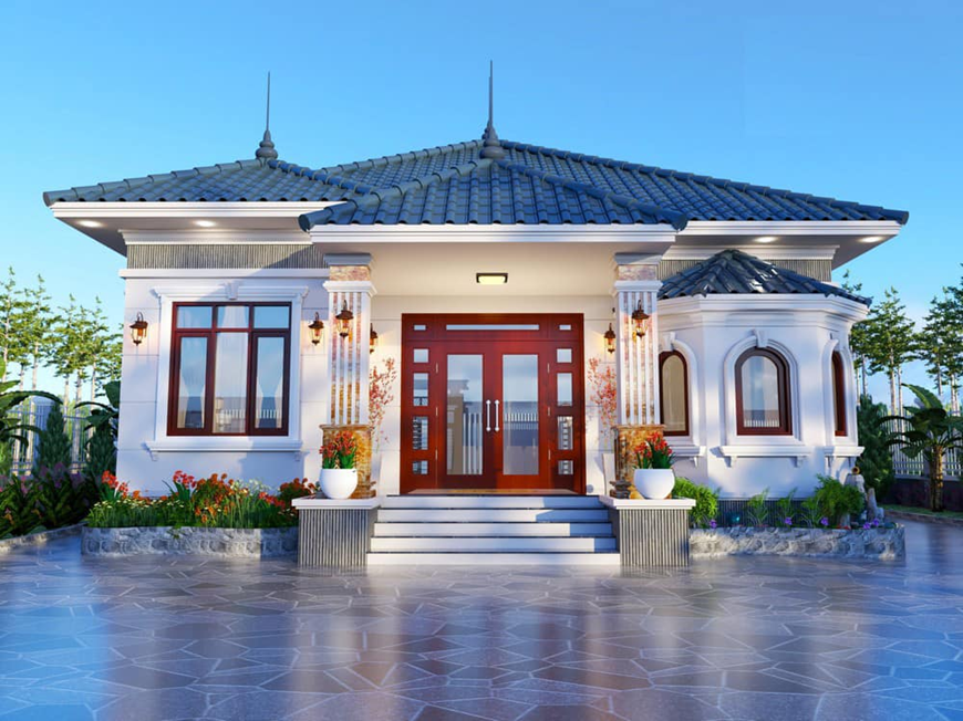 Lối kiến trúc kết hợp giữa Âu và Á tạo nên không gian nhà 3 gian sang trọng và ấn tượng