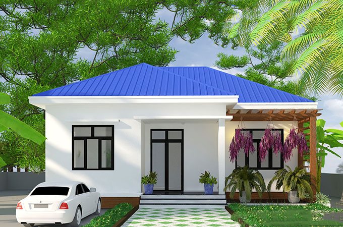 Nhà ống cấp 4 với mái tôn xanh dương
