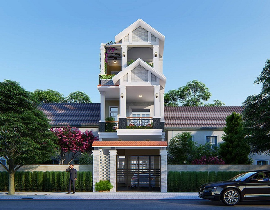 Tầng 1 biệt thự thiết kế mái A được bao phủ bởi cây xanh