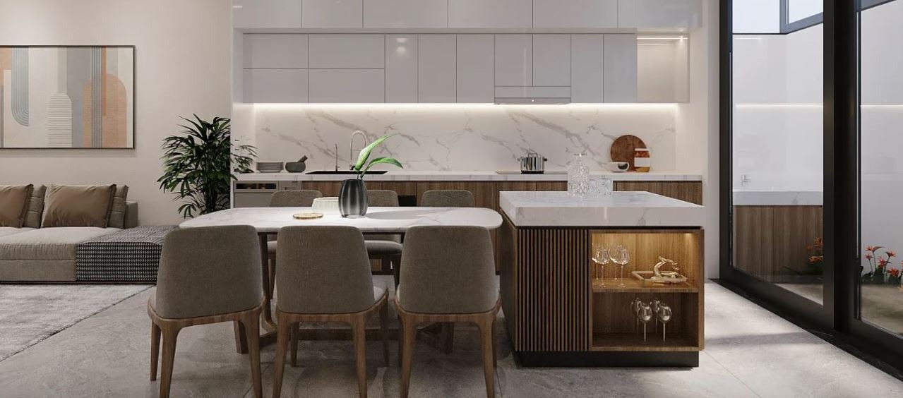 Mẫu thiết kế phòng bếp đẹp với diện tích rộng, hiện đại