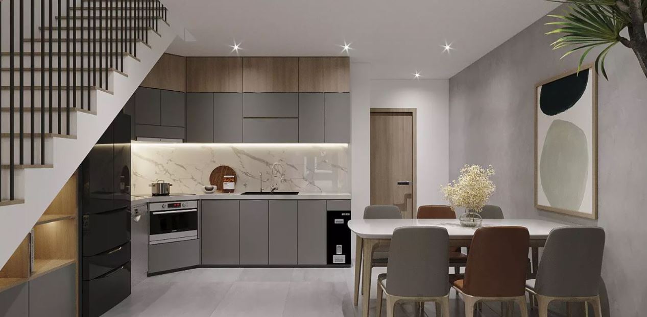 Phòng bếp đẹp đơn giản, tận dụng gầm cầu thang tối ưu diện tích