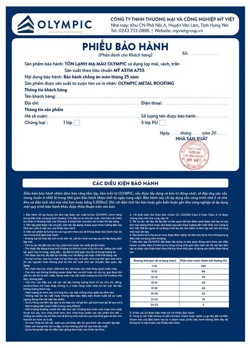 Phiếu bảo hành tôn Olympic chính hãng lên đến 25 năm