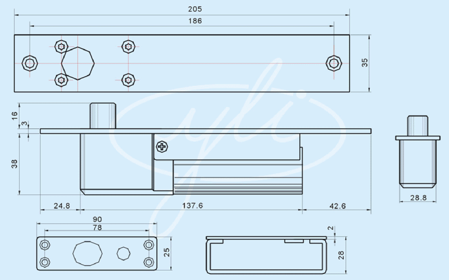 Kích thước cửa khóa chốt thả YB-100+