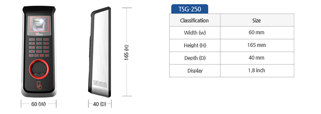 Kích thước  đầu đọc vân tay Hàn Quốc TSG-250