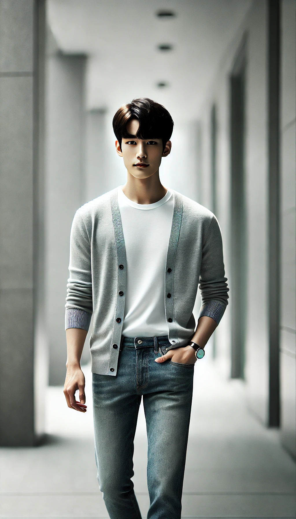 Áo cardigan mỏng + Áo thun dài tay + Quần jeans – Đơn giản nhưng tinh tế