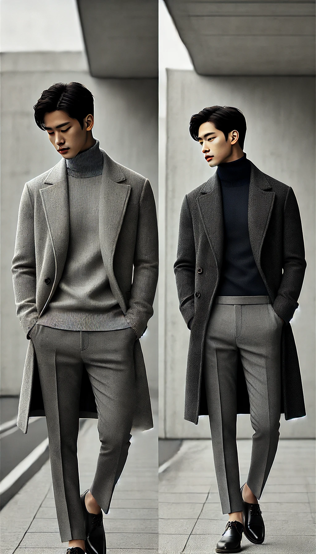 Áo cổ lọ dài tay + Áo khoác dạ dáng dài + Quần tây – Phong cách Hàn Quốc