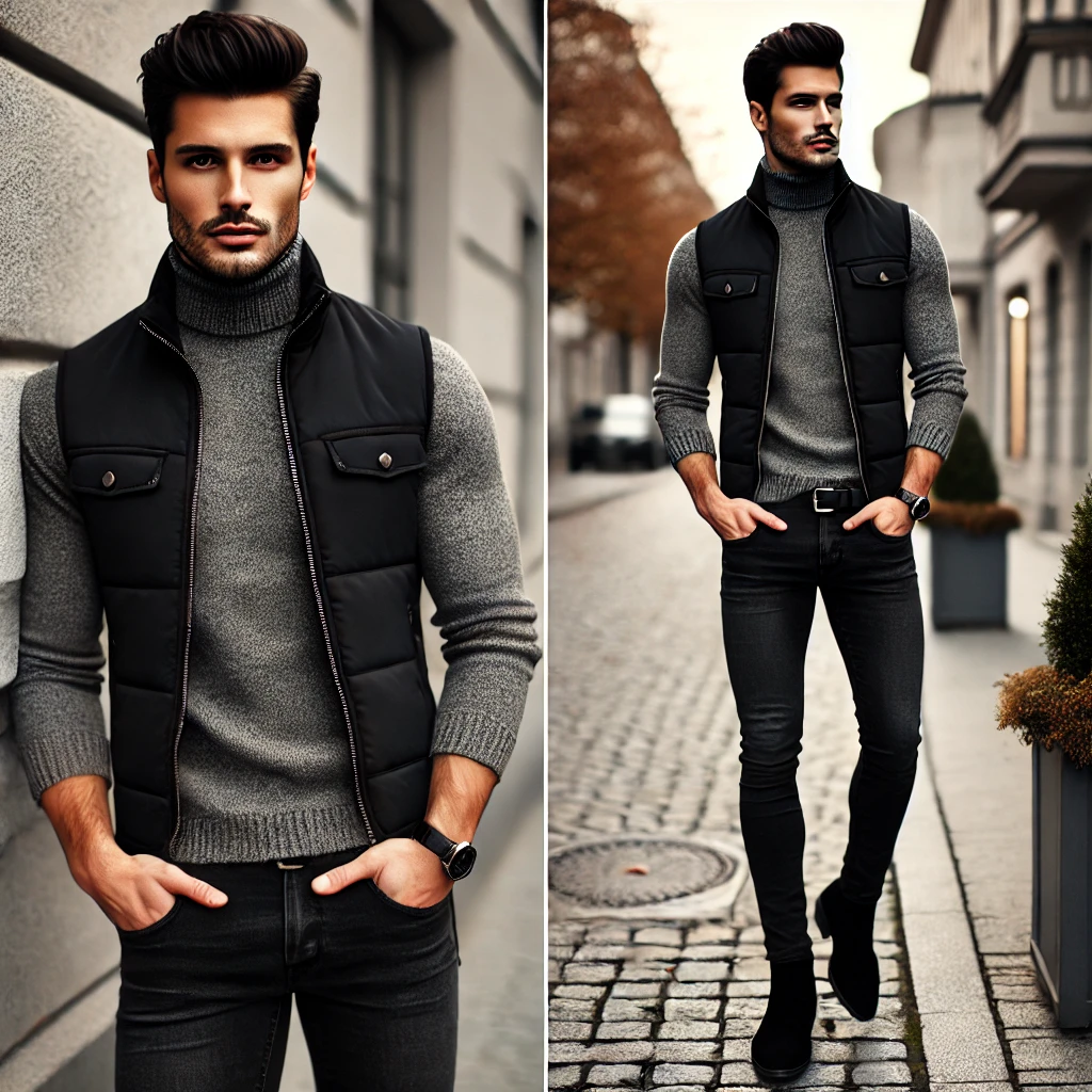 Áo gile nam đen + áo len cổ lọ xám + quần jeans đen + giày boots