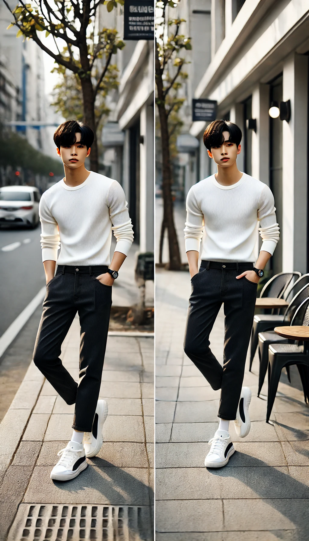 Áo thun dài tay + Quần jeans + Sneaker – Trẻ trung, năng động