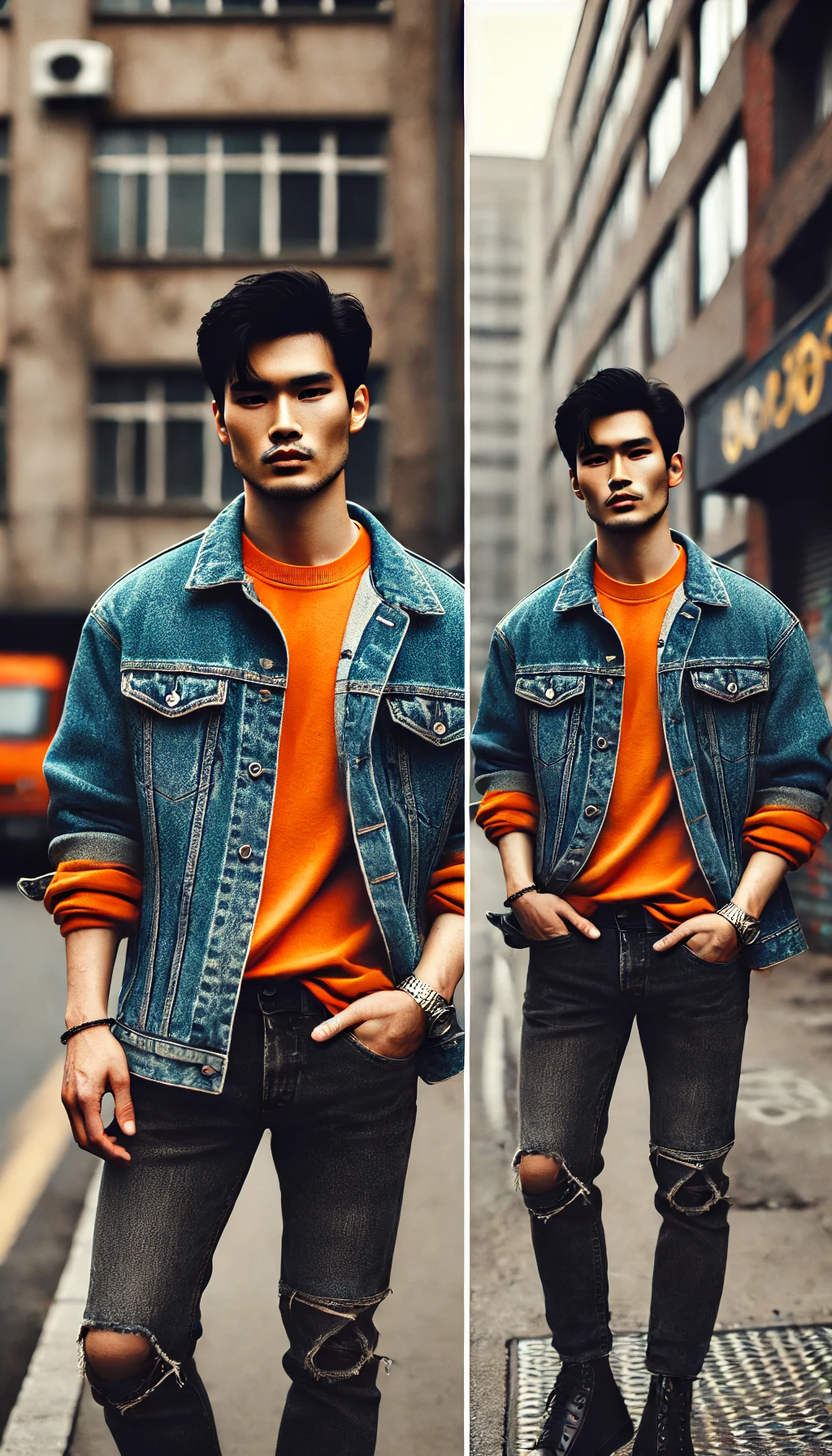 Áo thun màu cam + Áo khoác denim + Quần jeans – Phong cách cá tính, mạnh mẽ