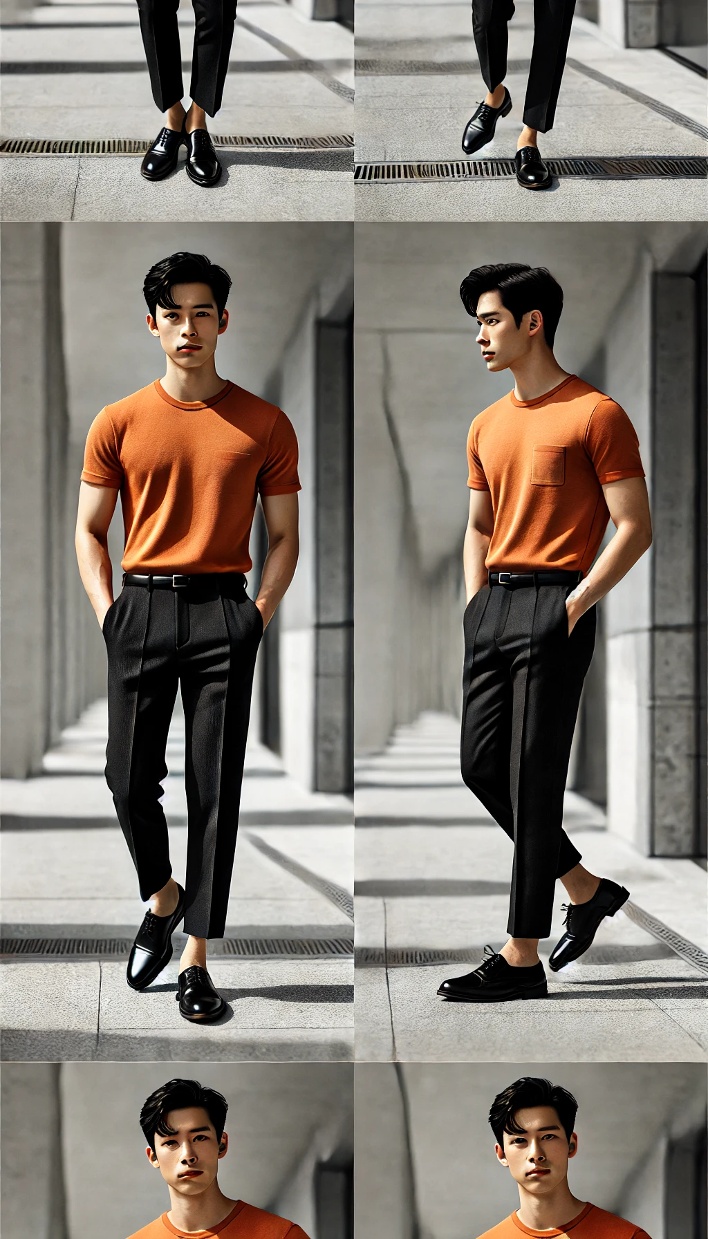 Áo thun màu cam + Quần tây đen + Giày derby – Thanh lịch, sang trọng