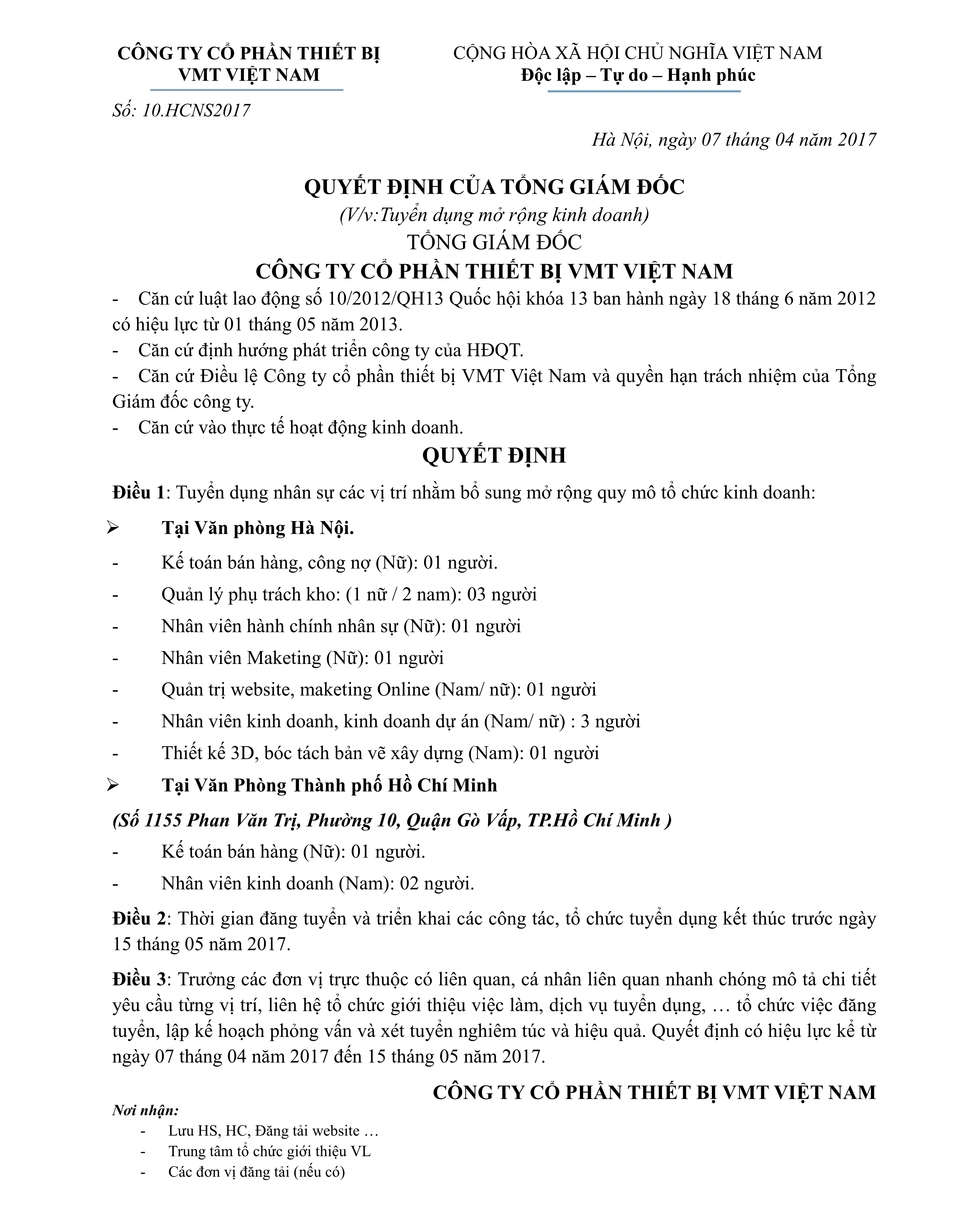 quyết định tuyển dụng tháng 4 VMT