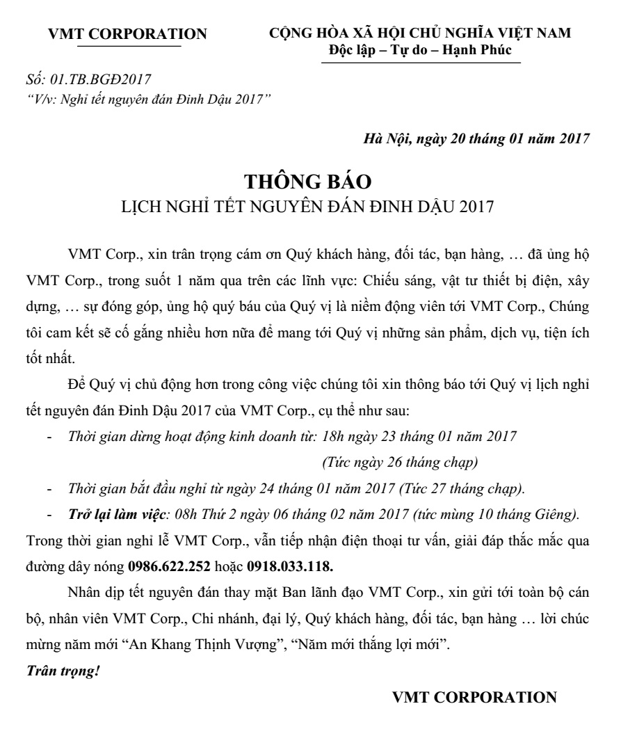 Lịch nghỉ tết nguyên đán 2017