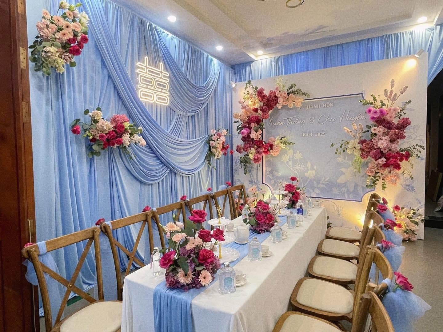 Trang Trí Lễ Gia Tiên Tone Xanh Thiên Thanh