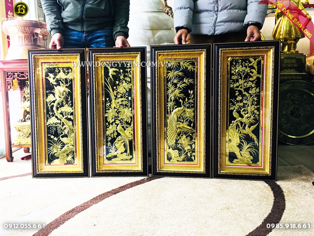 Bộ tứ quý bằng đồng vàng khung nhựa hàn quốc cao cấp 73x33cm