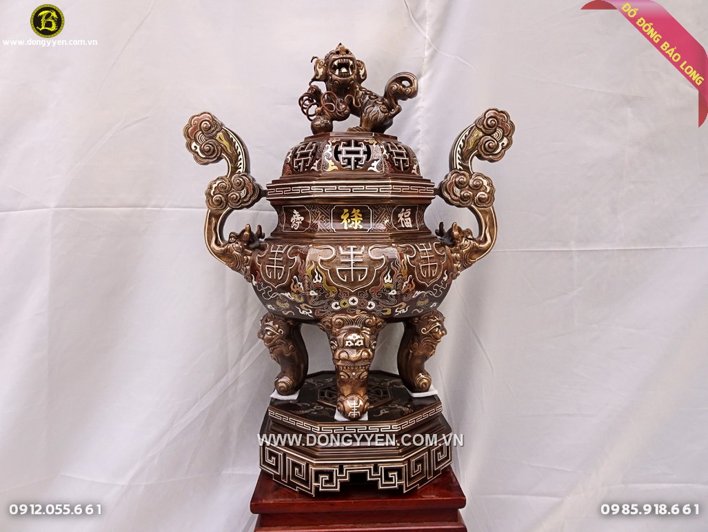 Đỉnh đồng bát giác cao 70cm khảm tam khí cao cấp 1 chữ vàng 9999