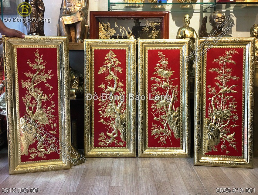Tranh Tứ Quý bằng đồng và lắp bằng khung đồng