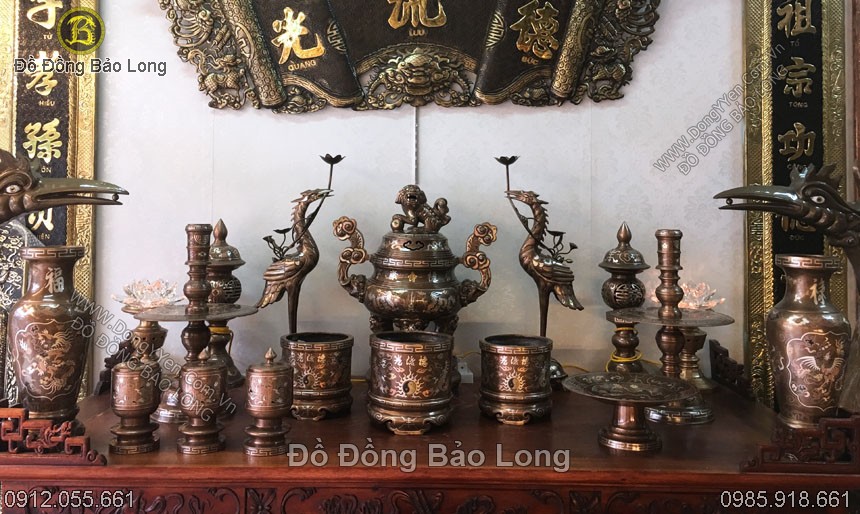 Bộ đồ thờ khảm tam khí đỉnh rồng phượng cao cấp