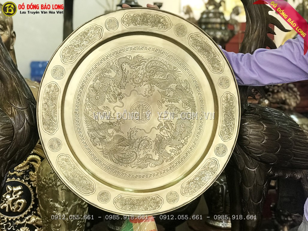 Mâm Đồng ăn cơm chạm tay hình long phụng và tứ quý mai lan, trúc cúc độc đáo đường kính 52cm