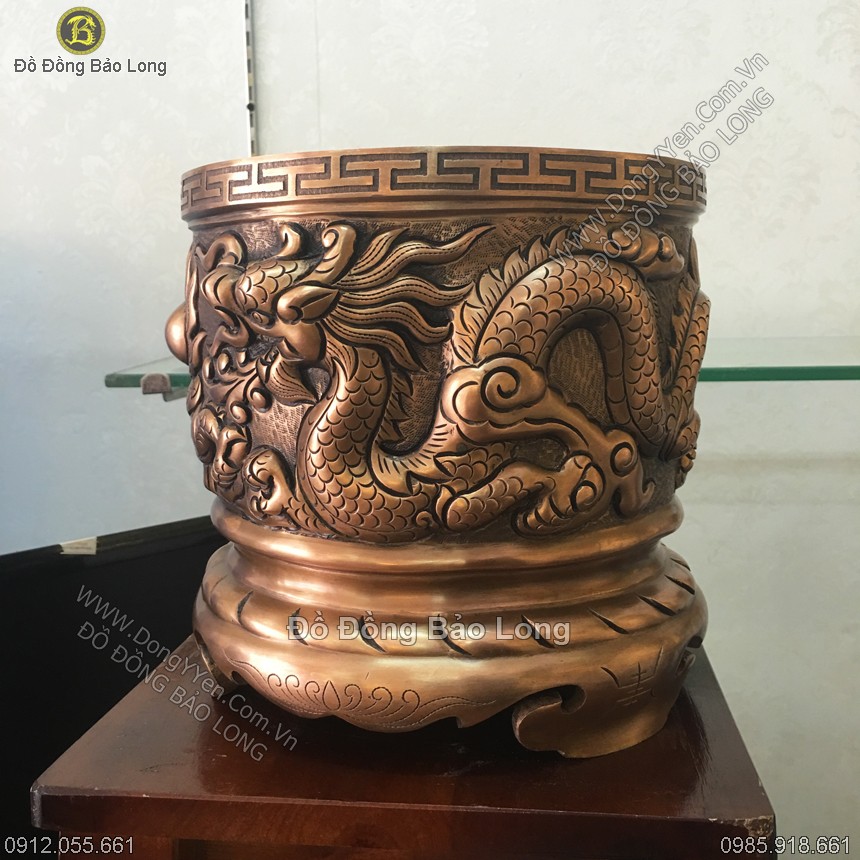 Bát Hương Đồng Đỏ Đúc Rồng Nổi 23cm