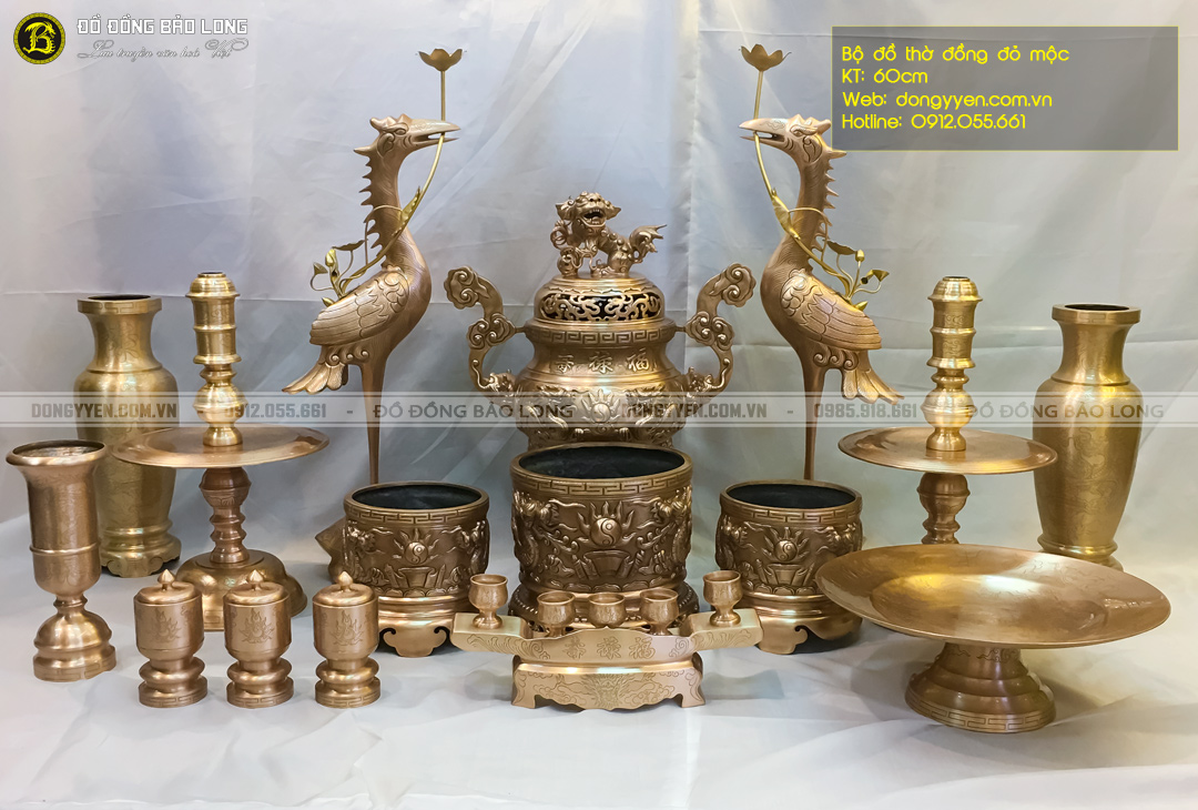 bộ đồ thờ rồng phượng bằng đồng đỏ mộc 70cm