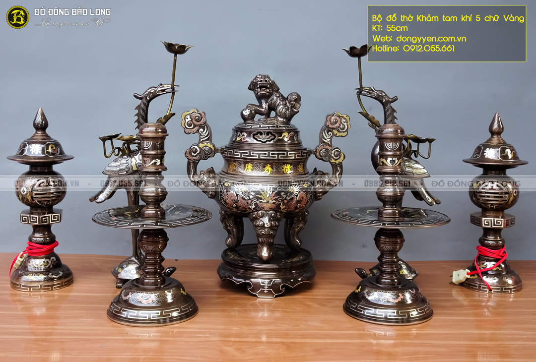 bộ đồ thờ đồng khảm 5 chữ vàng cỡ trung 55cm