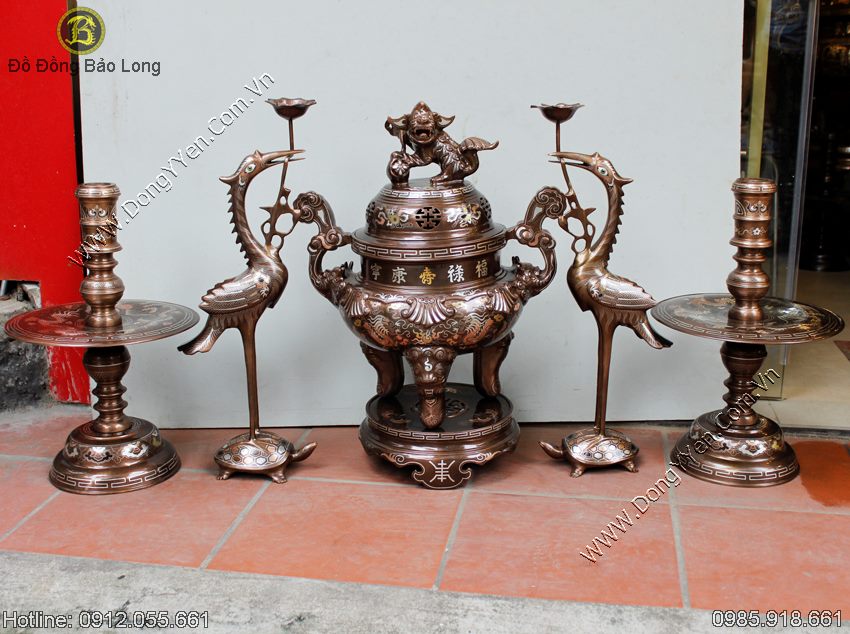 Bộ ngũ sự khảm tam khí cao cấp 60cm, đỉnh khảm 1 chữ vàng 9999