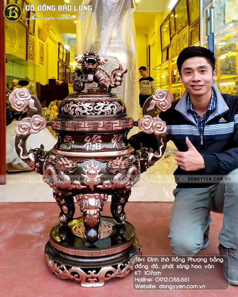 Mẫu đỉnh thờ Rồng Phượng bằng đồng đỏ phát sáng hoa văn