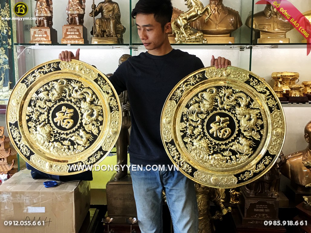 Mâm đồng tứ linh hàng chạm tay tinh xảo 60cm