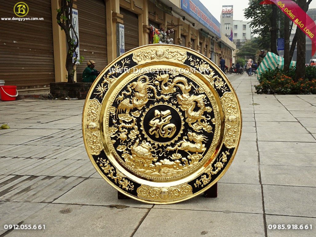 Mâm đồng Tứ linh (long ly quy phượng) đường kính 60cm mạ vàng 24k dùng trong trang trí