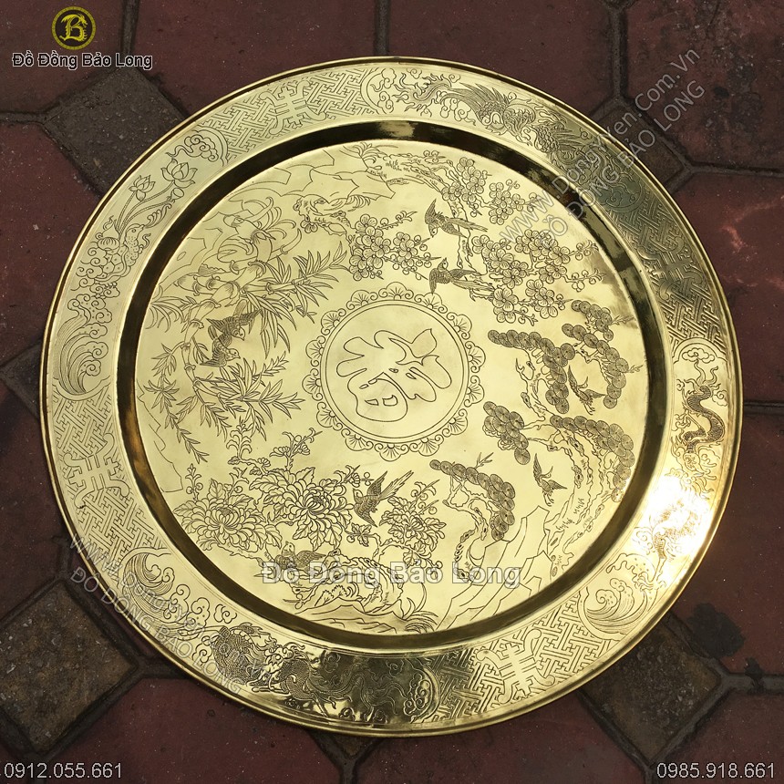 Mâm đồng chạm tứ quý và chữ phúc đường kính 60cm
