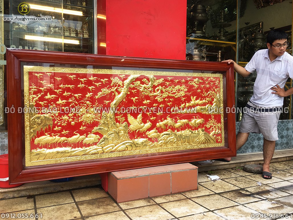 Tranh đồng mỹ nghệ Bách hạc quần tùng đơn cây mạ vàng ròng 24k cao cấp