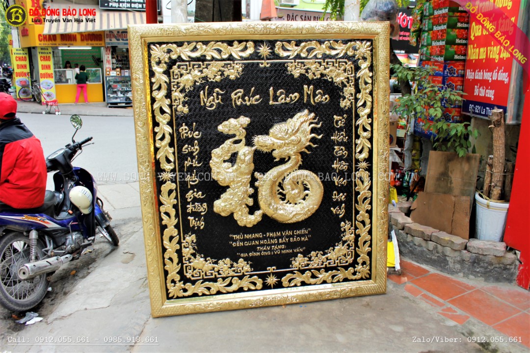 Tranh chữ Phúc hóa rồng phượng 1m67x1m47 khung liền đồng