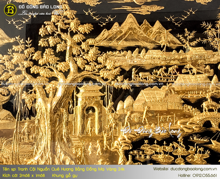 tranh cội nguồn quê hương bằng đồng mạ vàng 2m68 x 1m68 khung gỗ gụ