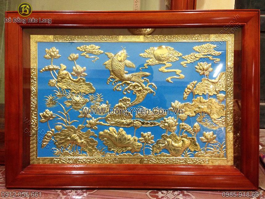 Tranh đồng cá chép - hoa sen mạ vàng 24k 1m27 x 88cm