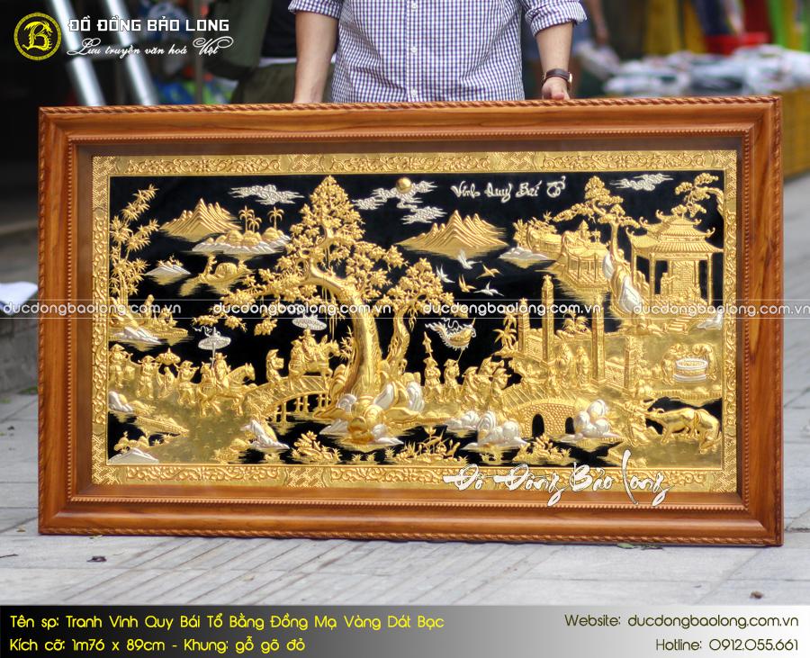 tranh vinh quy bái tổ bằng đồng mạ vàng dát bạc 1m76 x 89cm