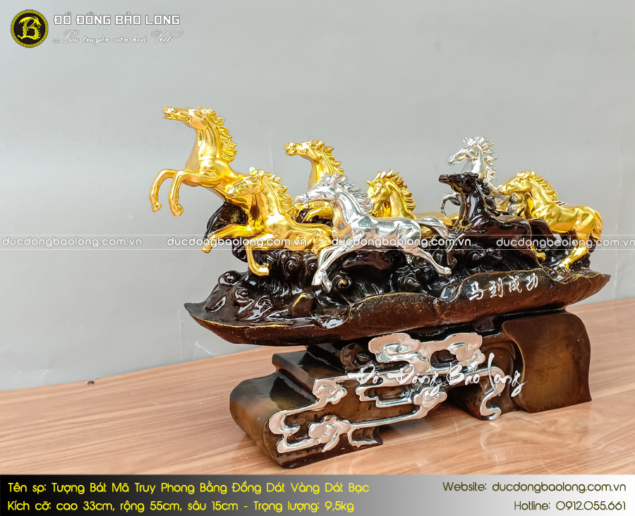 tượng bát mã truy phong dát vàng dát bạc cao 33cm
