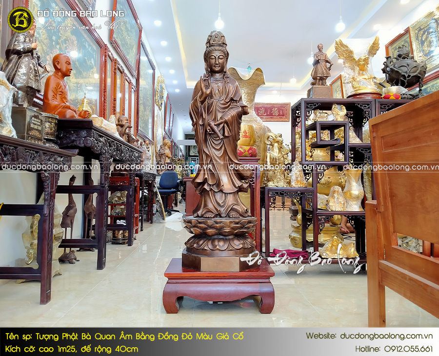 tượng phật bà quan âm bằng đồng đỏ cao 1m25 hạ màu thời gian