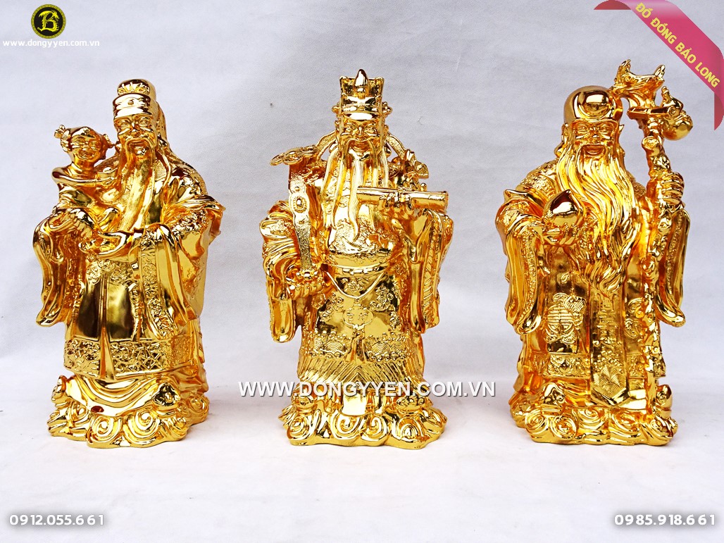 Tượng Tam đa 3 ông Phúc - Lộc - Thọ đúc tinh xảo bằng đồng cao 38cm mạ phủ vàng ròng 24k