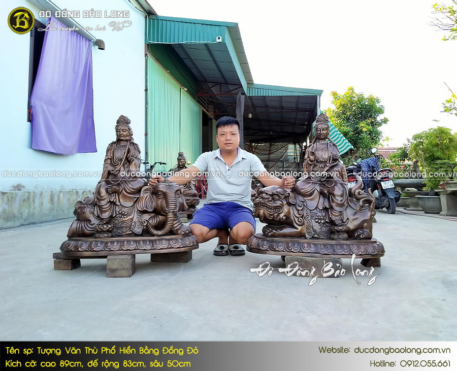tượng văn thù phổ hiền bằng đồng đỏ cao 89cm hạ màu thời gian