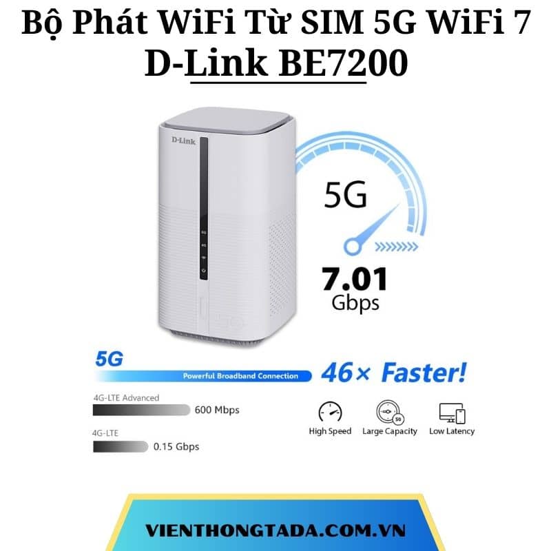 D-Link BE7200 | Bộ Phát WiFi Từ SIM 5G Chuẩn WiFi 7, Tốc Độ 7200Mbps, Hỗ Trợ Gọi Điện SIM (VoLTE/Vo5G) | Hàng Chính Hãng