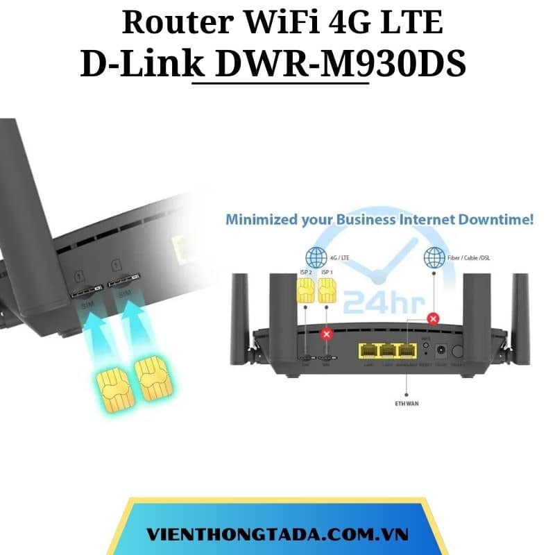 D-Link DWR-M930DS | Router WiFi 4G LTE Tốc Độ 150Mbps, Hỗ Trợ 2 Khe SIM Tự Chuyển, 4 Ăng-ten Ngoài | Hàng Chính Hãng