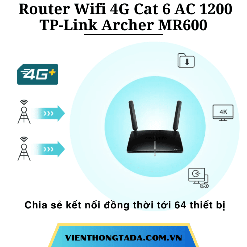TP-Link Archer MR600 | Router Wifi 4G Cat 6 AC 1200| Băng Tần Kép, Tốc Độ 300Mbps, Kết Nối 64 Thiết Bị| Bảo hành 12 tháng