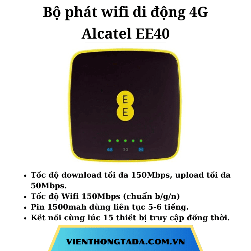 Alcatel EE40 | Bộ phát Wifi di động 4G, tốc độ 150Mbps, Pin 1500mAh, 15 thiết bị truy cập cùng lúc | Hàng Chính Hãng
