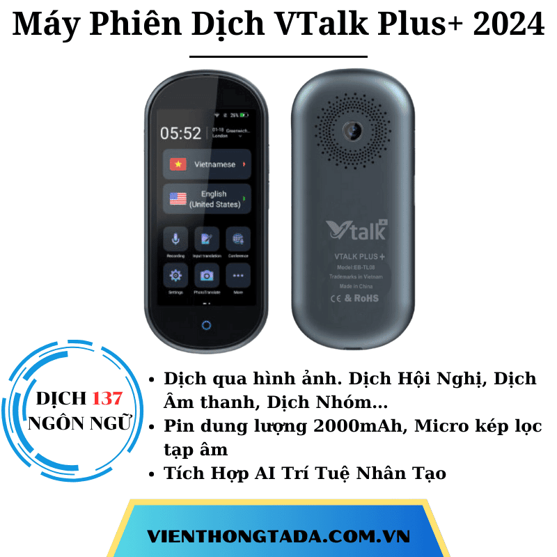 VTalk Plus+ 2024| Máy Phiên Dịch Cầm Tay Cho Du Lịch, Công Tác, Học Tập | Dịch Tức Thời 137 Ngôn Ngữ, Pin 2500mAh