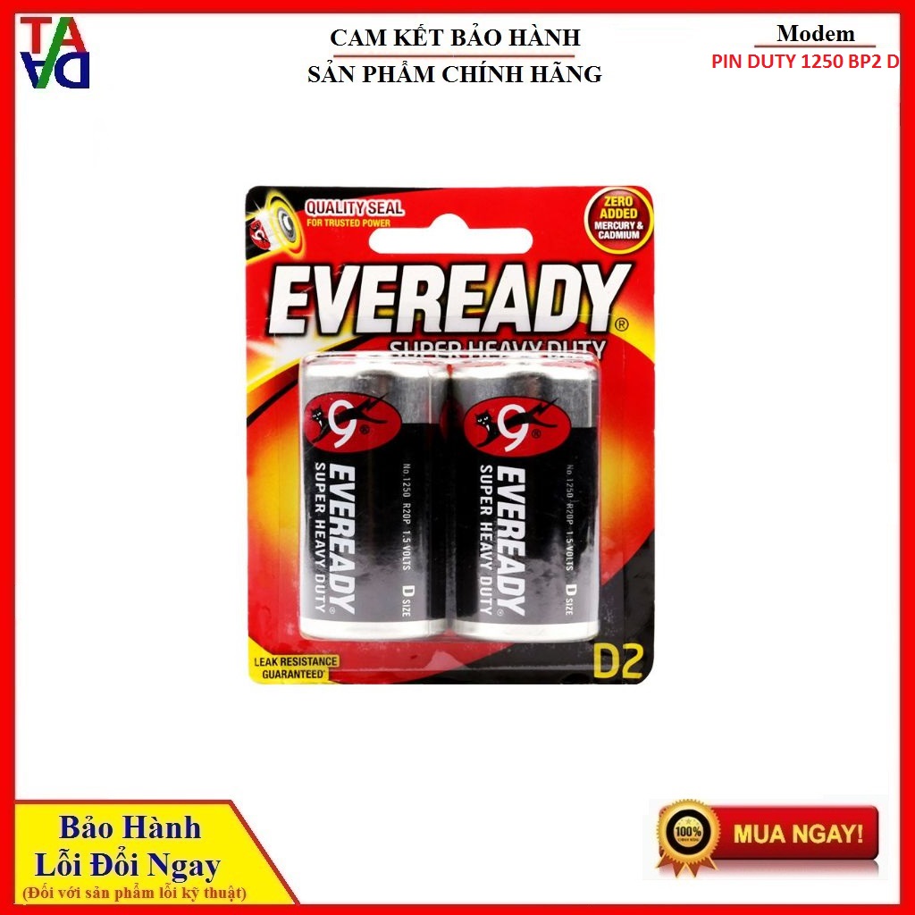 PIN ĐẠI D EVEREADY 1250 BP2, R20 SUPER HEAVY DUTY - VỈ 2 VIÊN - HÀNG CHÍNH HÃNG