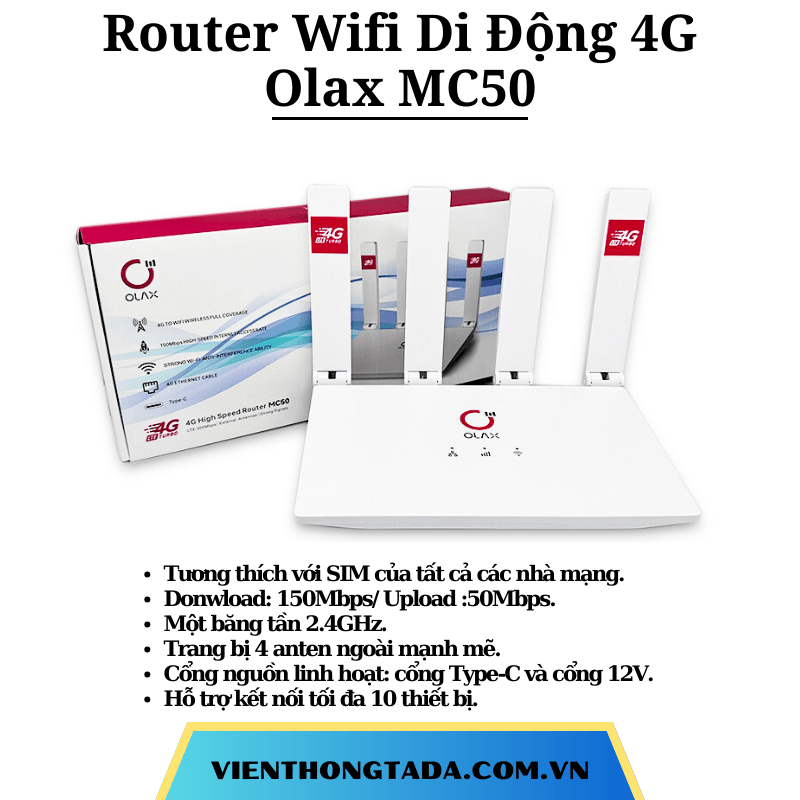 Olax MC50 | Router Wifi Di Động 4G LTE Turbo | Tốc độ 150Mbps, Một băng tần 2.4GHz, 4 ăng ten ngoài | Bảo hành 12 tháng (tada việt nam)